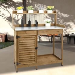 PETSCOSSET GF10 Outdoor Wooden Potting Bench with Metal Tabletop, Waterproof Garden Table, Brown