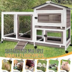 Alternative view of PETSCOSSET RAB14 Rabbit Hutch, Indoor Two-Story Rabbit Cage with Pull Out Tray, Wheels, Asphalt Roof,White/Grey