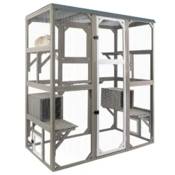 PETSCOSSET PET16 Catio Outdoor Cat Enclosure Large Wooden Cat House with Platforms, Gray