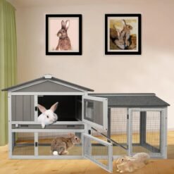 Alternative view of PETSCOSSET PET35 55.1"L 2 Story Wooden Rabbit Hutch with Pull Out Tray, Asphalt Roof, Ramp for Small Animals, Gray