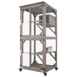 PETSCOSSET Large Outdoor Cat Enclosure, Catio with Wheel & Resting Box,Brown