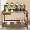 PETSCOSSET GF11 Garden Potting Wooden Benches & Tables, W/Metal Table Top, Drawer, Large Bottom Shelf, Open Shelf,Natural Stained