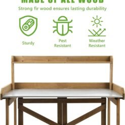 Alternative view of Petscosset GF12 Outdoor Folding Potting Bench Table, Fir Wood Workstation with Galvanized Tabletop,2 Tier Storage Shelves, Brown