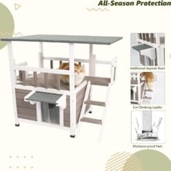 Alternative view of PETSCOSSET Outdoor Cat House - Two Story Wooden Cat Shelter Outside Feral Cat House with Climbing Ladder, Rain Curtain, Grey