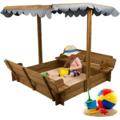 Petscosset GF03 Wooden Sandbox with Lid, Kids Sandbox with Cover Outdoor,Brown