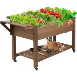 Petscosset GF23 Raised Garden Bed 55.5x24x32in Mobile Elevated Wood Planter with Lockable Wheels, Shelf, Liner,Brown