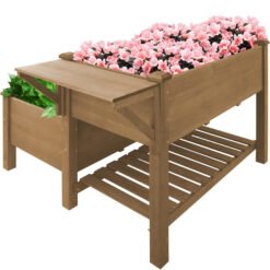 PETSCOSSET GF25 2-Tier Raised Garden Bed with Legs, Outdoor Elevated Garden Box with Storage Shelf,Brown