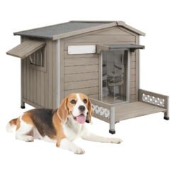 PETSCOSSET PET66 Wooden Dog House Outdoor, Weatherproof Durable Dog Kennel Outside with Porch,27.34/30/27.8in,Grey