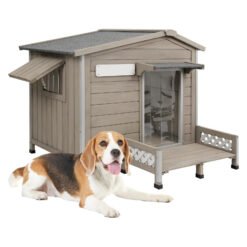 PETSCOSSET PET67 Outdoor Dog House, Wooden Dog Kennel with Porch & Window for Medium Dog,34.8/38.8/40.6in,Grey