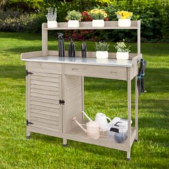 Alternative view of PETSCOSSET GF10 Outdoor Wooden Potting Bench with Metal Tabletop, Waterproof Garden Table, Grey
